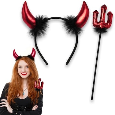 ROSAUI Devil Horns Halloween Headband and Sequin Devil Pitchfork Trident Set Red Black Costume Accessories for Adults Men and Women Perfect for Halloween Masquerade Balls and Carnivals