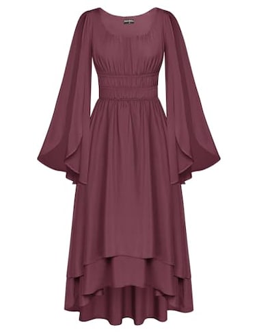 Scarlet Darkness Women Renaissance Costume Split Bell Sleeve Double Layered High Low Dress Dusty Rose S