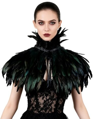 L'VOW LVOW Gothic Black Feather Cape Shawl Shrug Poncho with Choker Collar Black