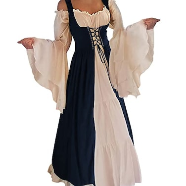 Abaowedding Womenss Medieval Renaissance Costume Cosplay Chemise and Over Dress SmallMedium Navy Blue and Ivory