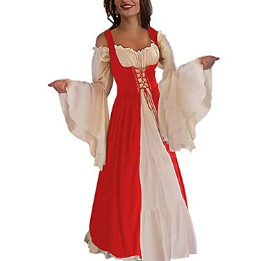 Abaowedding Womenss Medieval Renaissance Costume Cosplay Chemise and Over Dress SmallMedium Red and Ivory