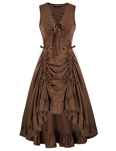Scarlet Darkness Women Steampunk Dress Lace Up Irregular Hem Ruched Drawstring Sleeveless Dress Brown M