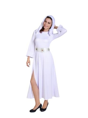COSMAKER Womens Star Costume Long Hooded Princess Dress Halloween Tunic Robe with Belt White Medium