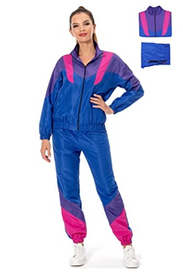 MASSWO Womens 2 Piece Tracksuit 80s 90s Retro Outfit Long Sleeve Windbreaker Jacket Neon Color Block Tracksuit Set