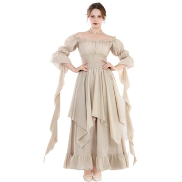 NSPSTT Womens Victorian Renaissance Costume Gothic Witch Medieval Wedding Dress Beige LargeXLarge