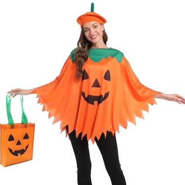 OCTEEN 3PCS Adults Pumpkin Costume For Women Halloween Poncho With Pumpkin Beret And Candy Bag