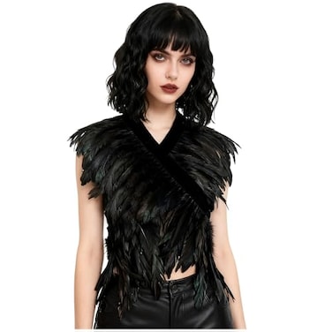 L'VOW LVOW Feather Boa Ribbon Punk Gothic Shawl Crow Witch Costume for HalloweenBlack