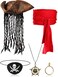 Sintege 5 Pieces Pirate Costume Accessories Set Pirate Hat with Dreadlock Earring Skull Necklace Eye Patch Sash for Men WomenRed