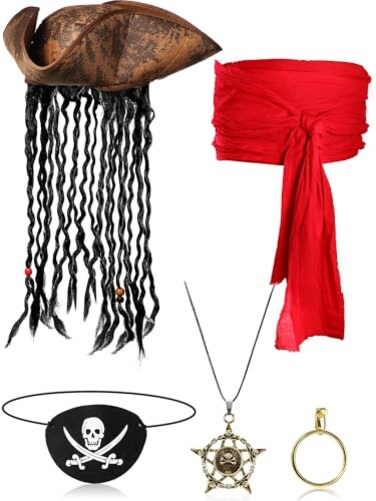 Sintege 5 Pieces Pirate Costume Accessories Set Pirate Hat with Dreadlock Earring Skull Necklace Eye Patch Sash for Men WomenRed