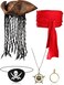 Sintege 5 Pieces Pirate Costume Accessories Set Pirate Hat with Dreadlock Earring Skull Necklace Eye Patch Sash for Men WomenRed