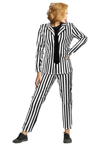 Haysandy Womens Black and White Striped Suit Include Open Front Striped Blazer Leggings Length Pant with Tie for HalloweenS