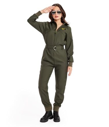 Tipsy Elves Womens Pilot Costume Green Military Flight Halloween Jumpsuit Size Medium