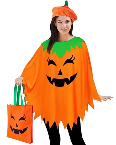 CONGRU 3 PCS Pumpkin Costume for Women Adults Poncho With Beret and Candy Bag Halloween Costume