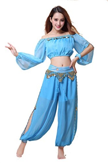 ZLTdream Belly Dance Chiffon Long Sleeves Top and Lantern Coins Pants Light Blue