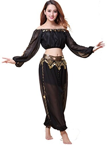 ZLTdream Belly Dance Chiffon Long Sleeves Top and Lantern Coins Pants Black One Size