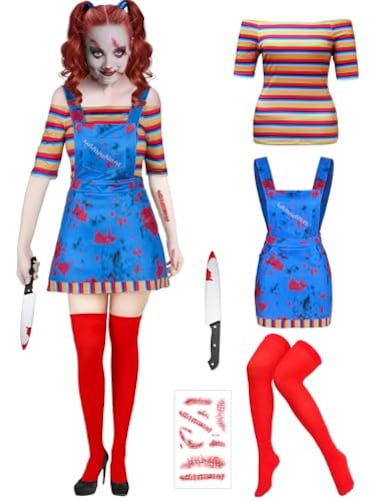Xtinmee 5 Pcs Women Halloween Nightmare Killer Doll Deluxe Costume Rainbow Stripe Nice Guy Cosplay Movie Character OutfitMedium