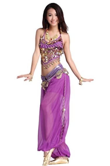 ZLTdream Ladys Belly Dance Chiffon Banadge Top and Lantern Coins Pants Purple One Size
