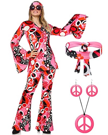 Haysandy 70s Outfit Women Disco Hippie Costume Accessories Pink Peace Disco Bottom Pants for Carnival Halloween CosplayRose RedM