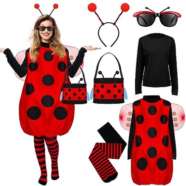 Janmercy Women Ladybug Costume Set Halloween Accessories Tutu Ladybug Dress up Set Halloween Cosplay Party Antenna Headband2xl