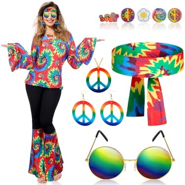 Jiuguva 17pcs 60s 70s Outfits for Women Hippie Costume Set Disco OutfitClassic StyleXLarge
