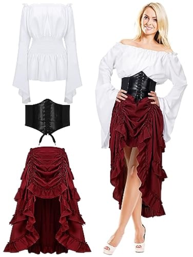 Panitay Women Pirate Costume Renaissance Peasant Top Corset Belt Pirate Skirt Medieval Halloween OutfitMedium