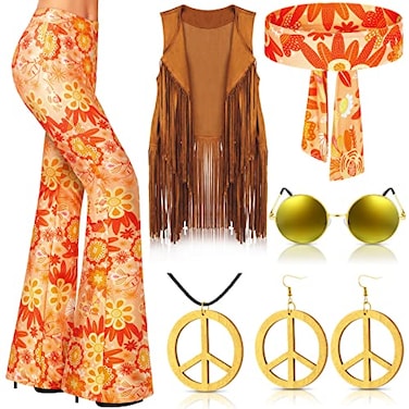 Haull 7 Pcs 60s 70s Disco Hippie Outfits for Women Halloween Costume Set Boho Flared Pants Fringe Vest Peace SignDelicateLarge