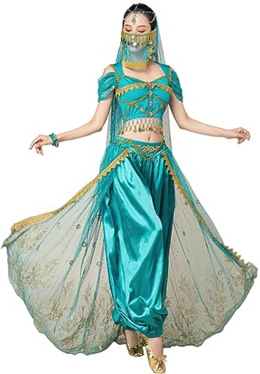 TLMNU Aladdin Halloween costume Princess costume Belly Dance Jasmine Cosplay Outfit Peacock blue Medium