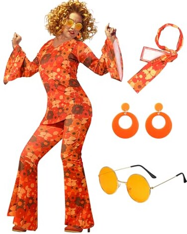 Leumoi 6 Pcs 60s 70s Disco Outfit Women Hippie Costume Accessories Flared Pants Headband Earrings SunglassFloral Medium