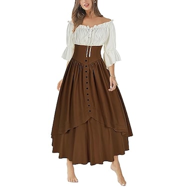 Mingyuezai Women Renaissance Costume Medieval Victorian High Waisted Button Skirt Set3XLZ2880BNST