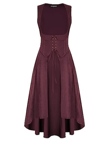Scarlet Darkness Women Renaissance Costume Underbust Pirate Peasant High Low Dress with Pockets Wine S