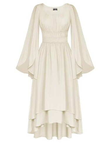 Scarlet Darkness Women Renaissance Costume Split Bell Sleeve Double Layered High Low Dress Apricot M