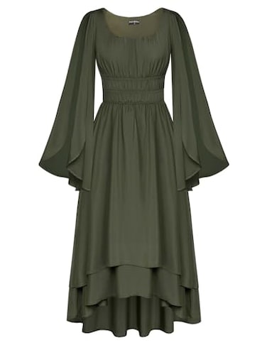 Scarlet Darkness Women Renaissance Costume Split Bell Sleeve Double Layered High Low Dress Olive Green S