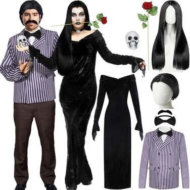 Xtinmee 8 Pcs Couples Halloween Cosplay Costume Gothic Witch Black Long Dress Straight Wig Striped Blazer Mustache Men WomenMedium