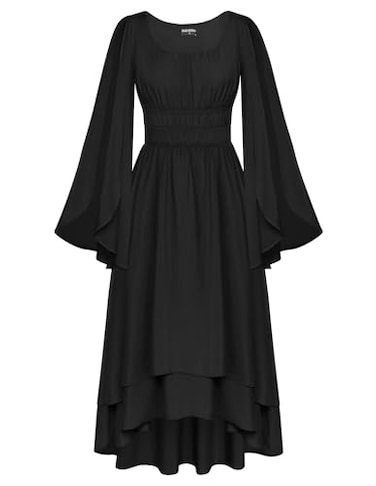 Scarlet Darkness Women Renaissance Costume Split Bell Sleeve Double Layered High Low Dress Black XL