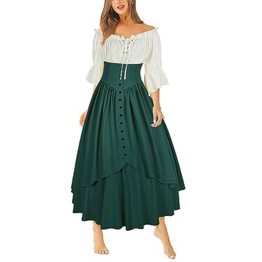 Mingyuezai Women Renaissance Costume Medieval Victorian High Waisted Button Skirt SetLZ2880GNST
