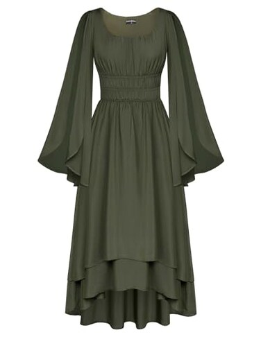 Scarlet Darkness Women Renaissance Costume Split Bell Sleeve Double Layered High Low Dress Olive Green XL