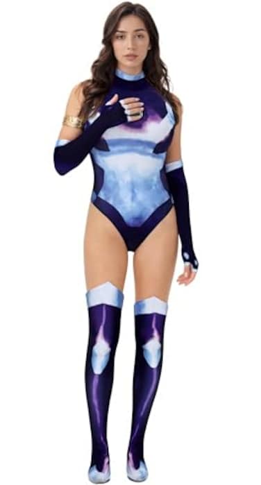 Demasko Womens Purple Printed Bodysuit Costume Stretchy 3D Jumpsuit for Halloween Cosplay Uniform Outfit M