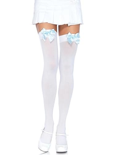 Leg Avenue Womens Satin Bow Accent Thigh Highs OS WhiteLight Blue
