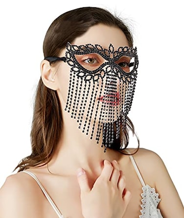 Bellady Rhinestone Cat Eye Fringe Masquerade Mardi Gras Mask with Satin Tie BackBlack
