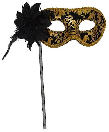 AZYOUNG Womans Christmas Halloween Black Purple Red White Feather Flower Plastic Masquerade Mask on StickBlack