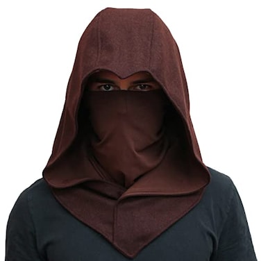 SIC HOODS Brown Wool Blend Medieval Hood with Detachable Mask Authentic Winter Cowl for Monk Peasant or Pilgrim Cosplay Chestnut Brown