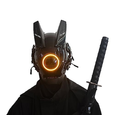 JAUPTO Techwear Punk Helmet LED Light Cool Samurai Mask Halloween Cosplay Anime Mask Yellow