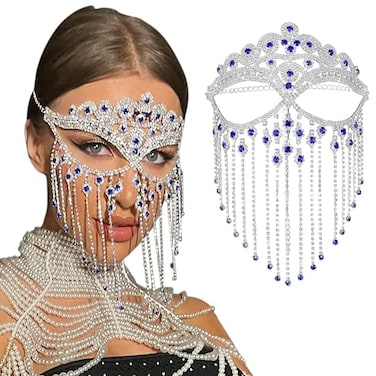 CCbodily Rhinestone Masquerade Mask for Women Crystal Face Chain Mask for WomenBlue
