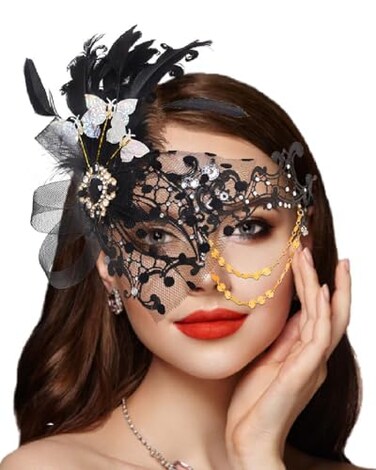 Campsis Feather Masquerade Mask Black Ball Mask for Women