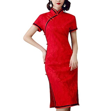 HongH Womens Modern Cheongsam Outfit Short Sleeve Mandarin Collar Frog Button Deco Lace Top Shorts 2pcs Set XL 102 Red
