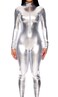 Forplay Womens Metallic Zip Front Mock Neck Catsuit Silver SmallMedium