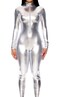 Forplay Womens Metallic Zip Front Mock Neck Catsuit Silver SmallMedium