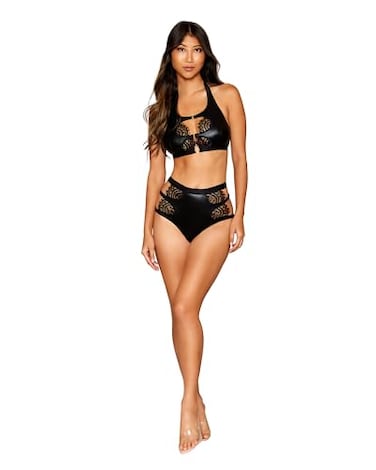 Dreamgirl Stretch Faux Leather Eyelash Lace Bra Garter Set Black