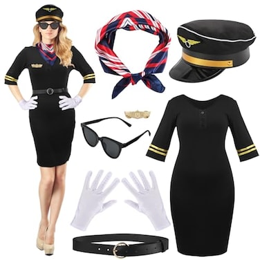 Xtinmee 7 Pcs Halloween Flight Attendant Costume Womens Pilot Captain Cosplay Accessories Pilot Hat Role OutfitsBlackM
