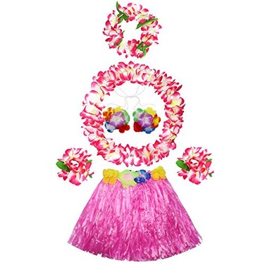 Fighting to Achieve 30cm Hawaiian pink Grass Skirt Performance Costume Set for Girls
